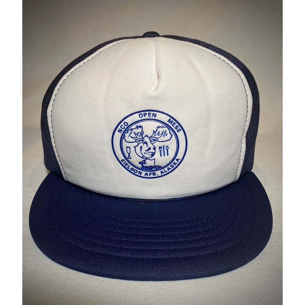Vintage US Air Force Eielson AFB Alaska NCO Open Mess Hat Cap Blue Trucker Rope
